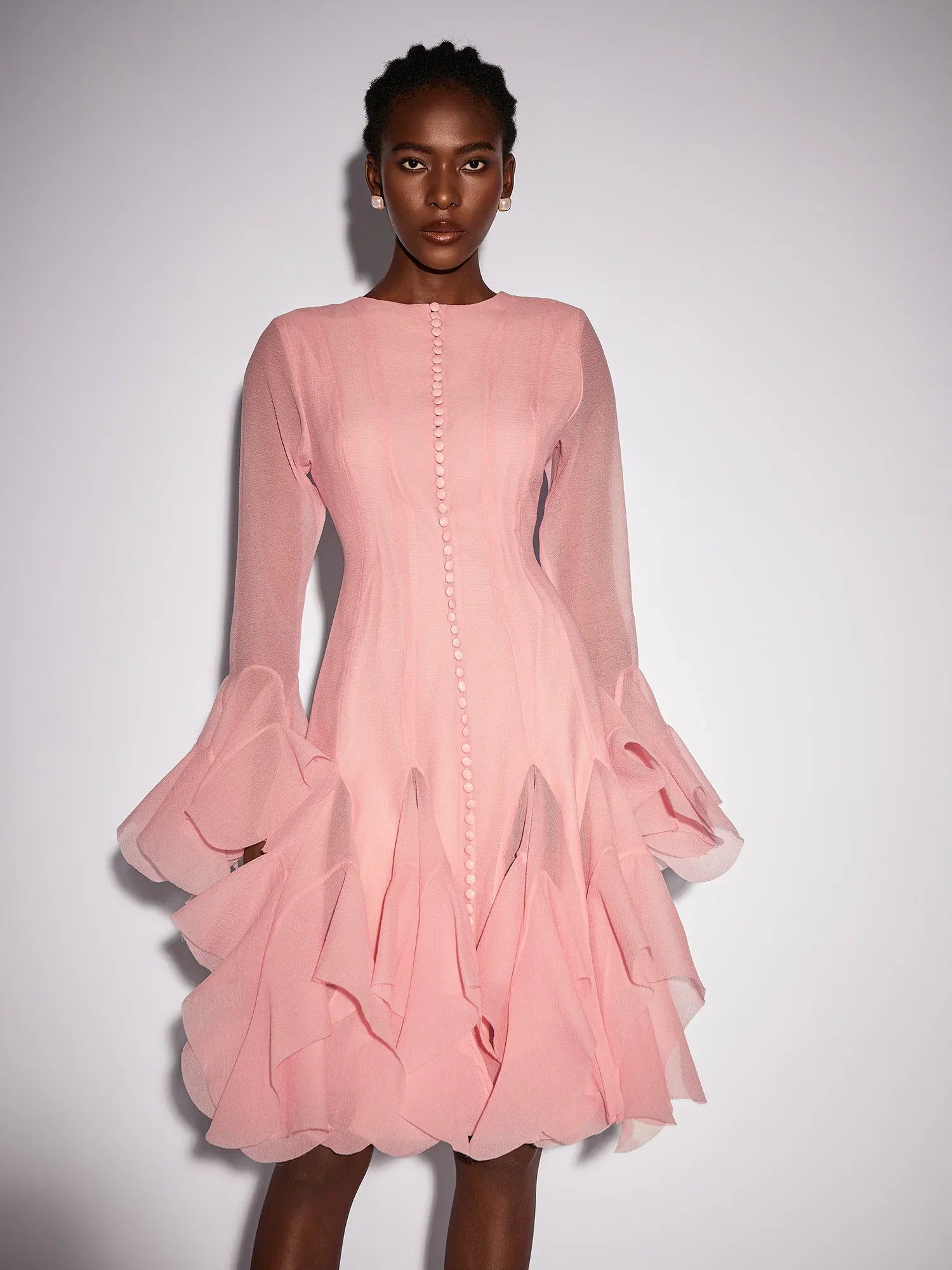 Aurohaya Anne Ruffled Mesh Long Sleeve Midi Dress