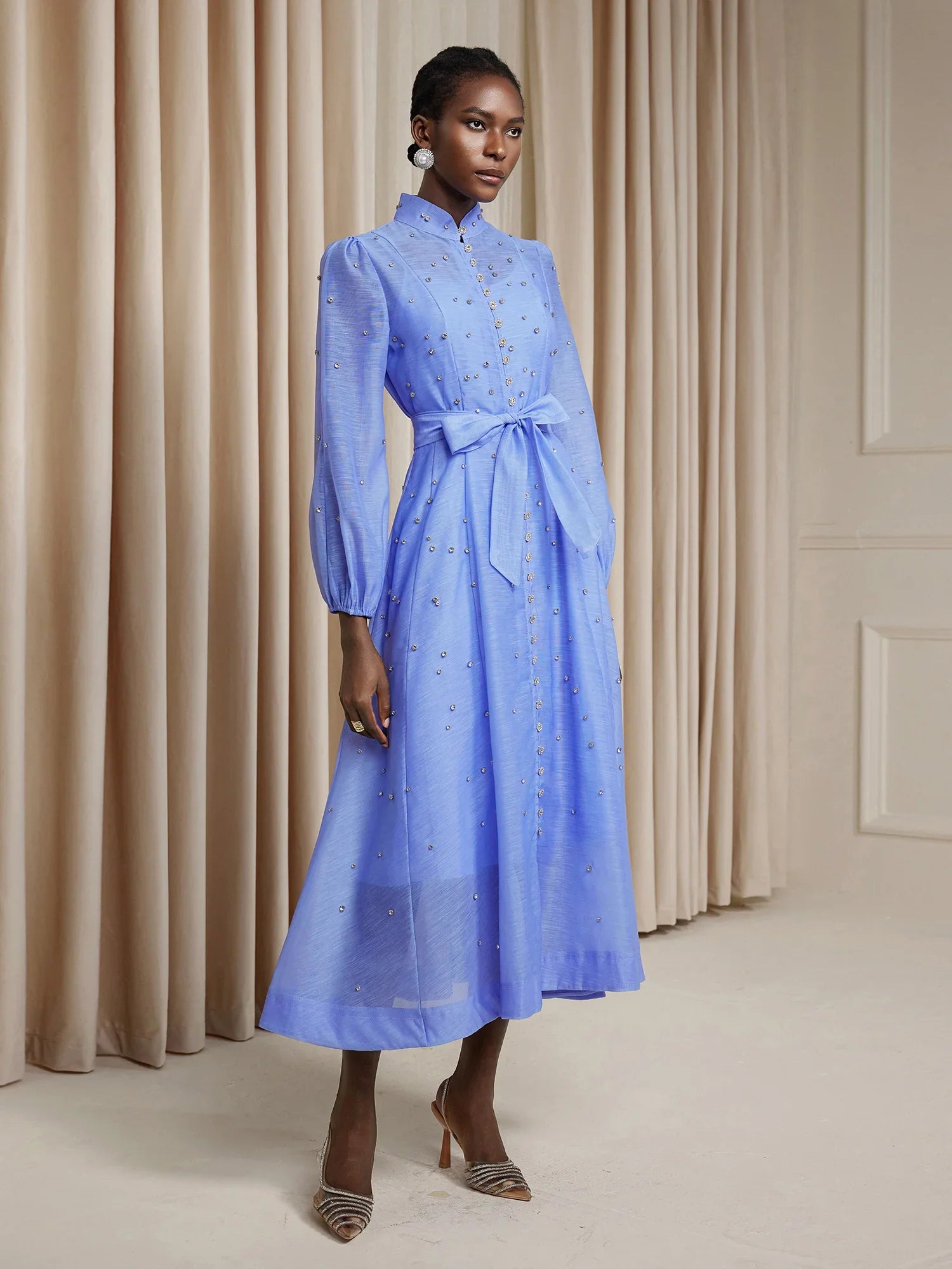 Aurohaya Sylvie Rhinestone Tie Waist Midi Dress