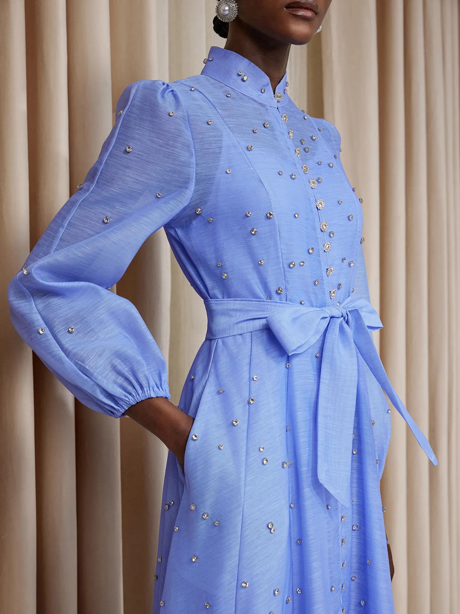 Aurohaya Sylvie Rhinestone Tie Waist Midi Dress