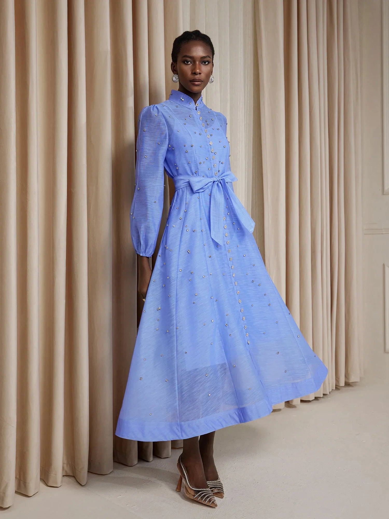 Aurohaya Sylvie Rhinestone Tie Waist Midi Dress