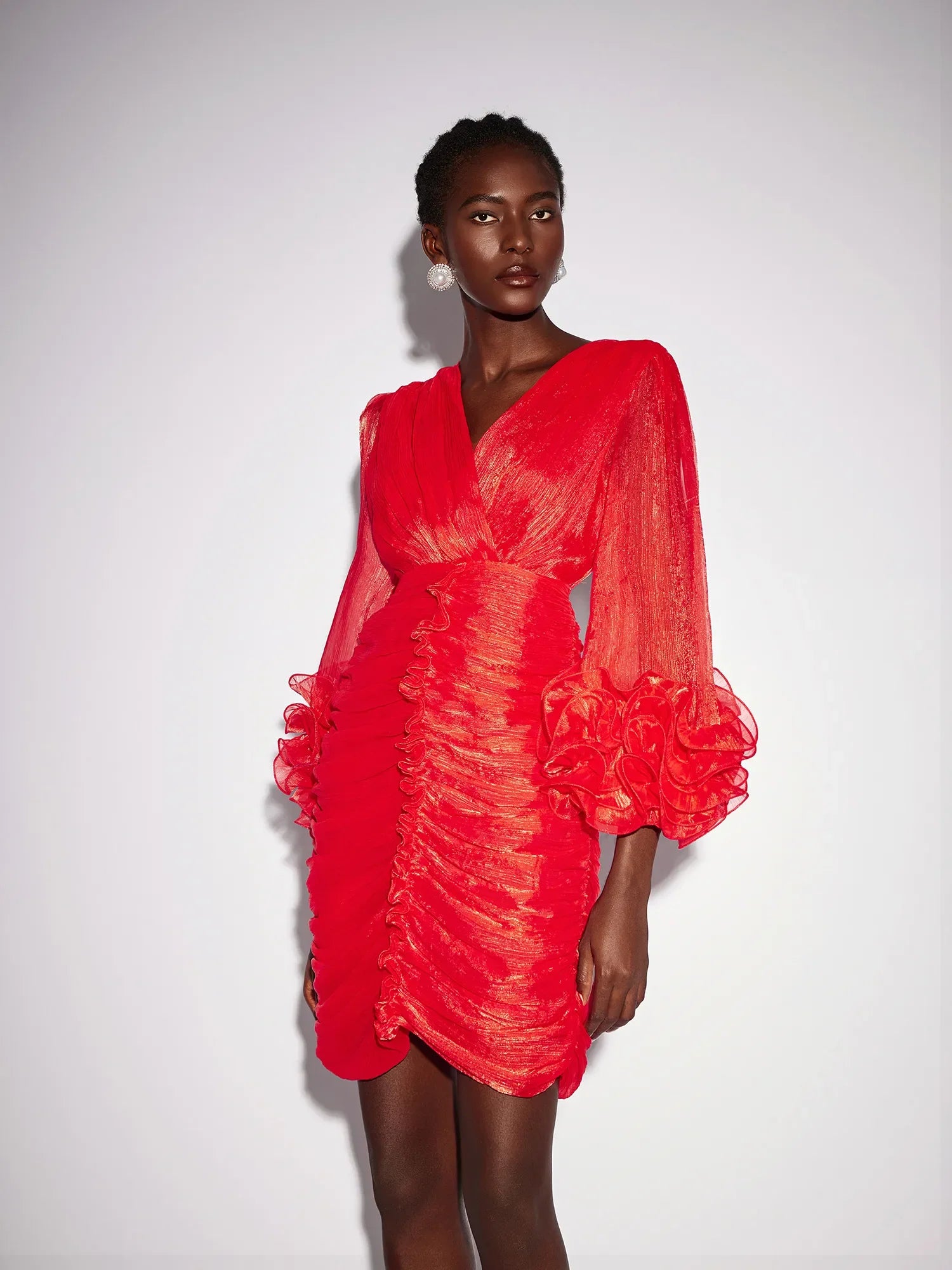 Aurohaya Mauricette Ruched V Neck Long Sleeve Mini Dress