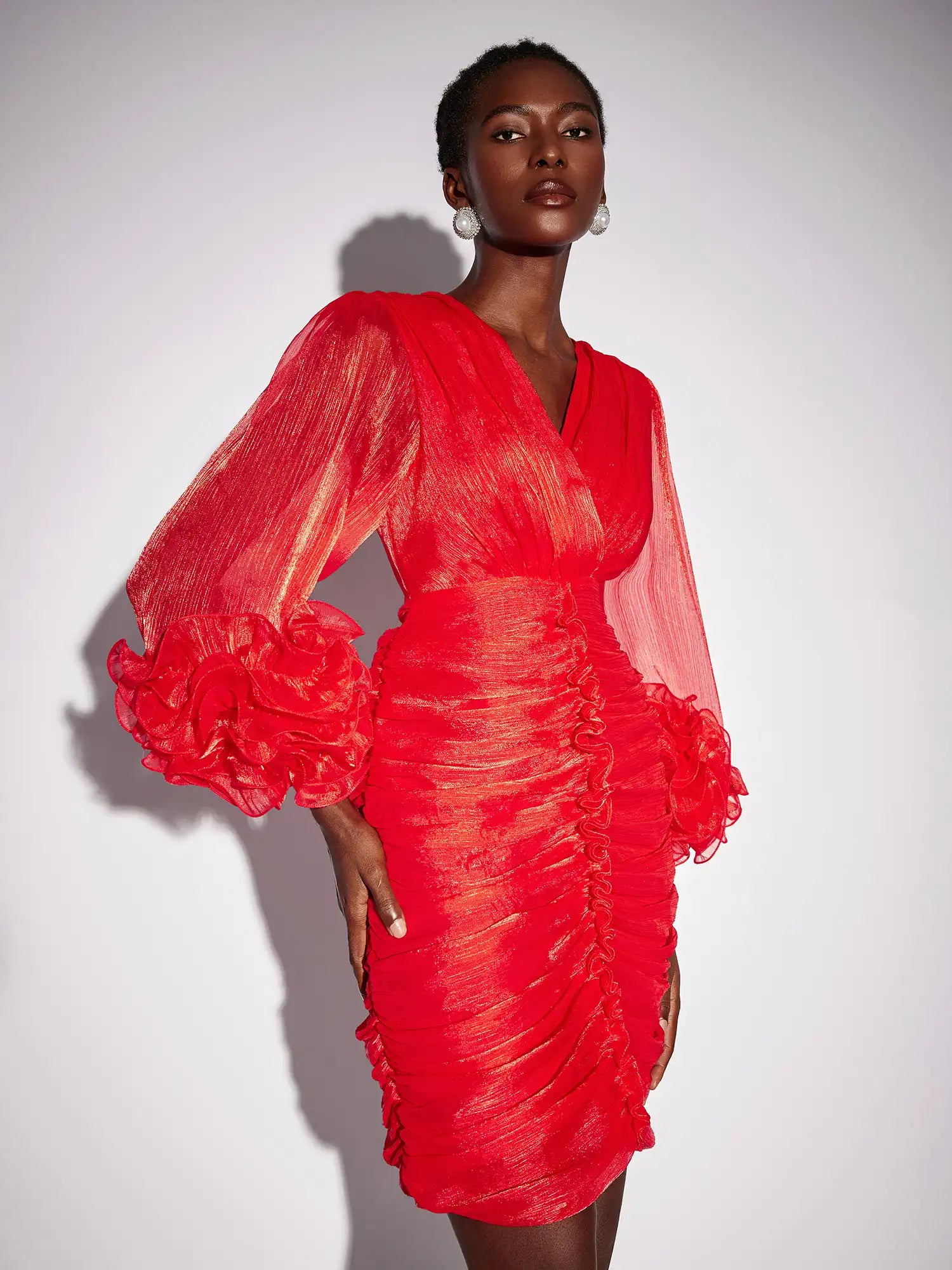 Aurohaya Mauricette Ruched V Neck Long Sleeve Mini Dress