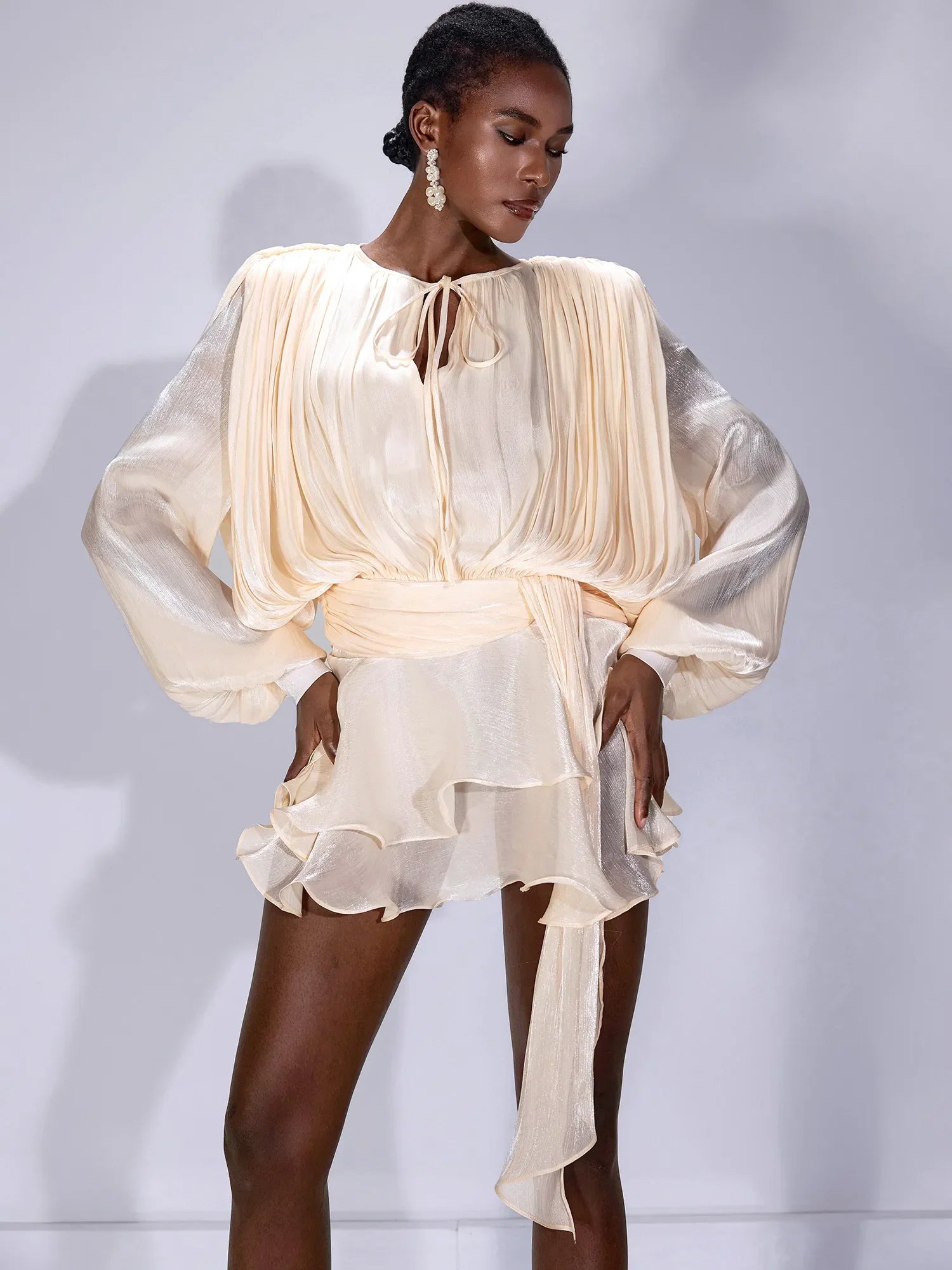 Aurohaya Raymonde Ruched Tie-Neck Mini Dress Almond Milk