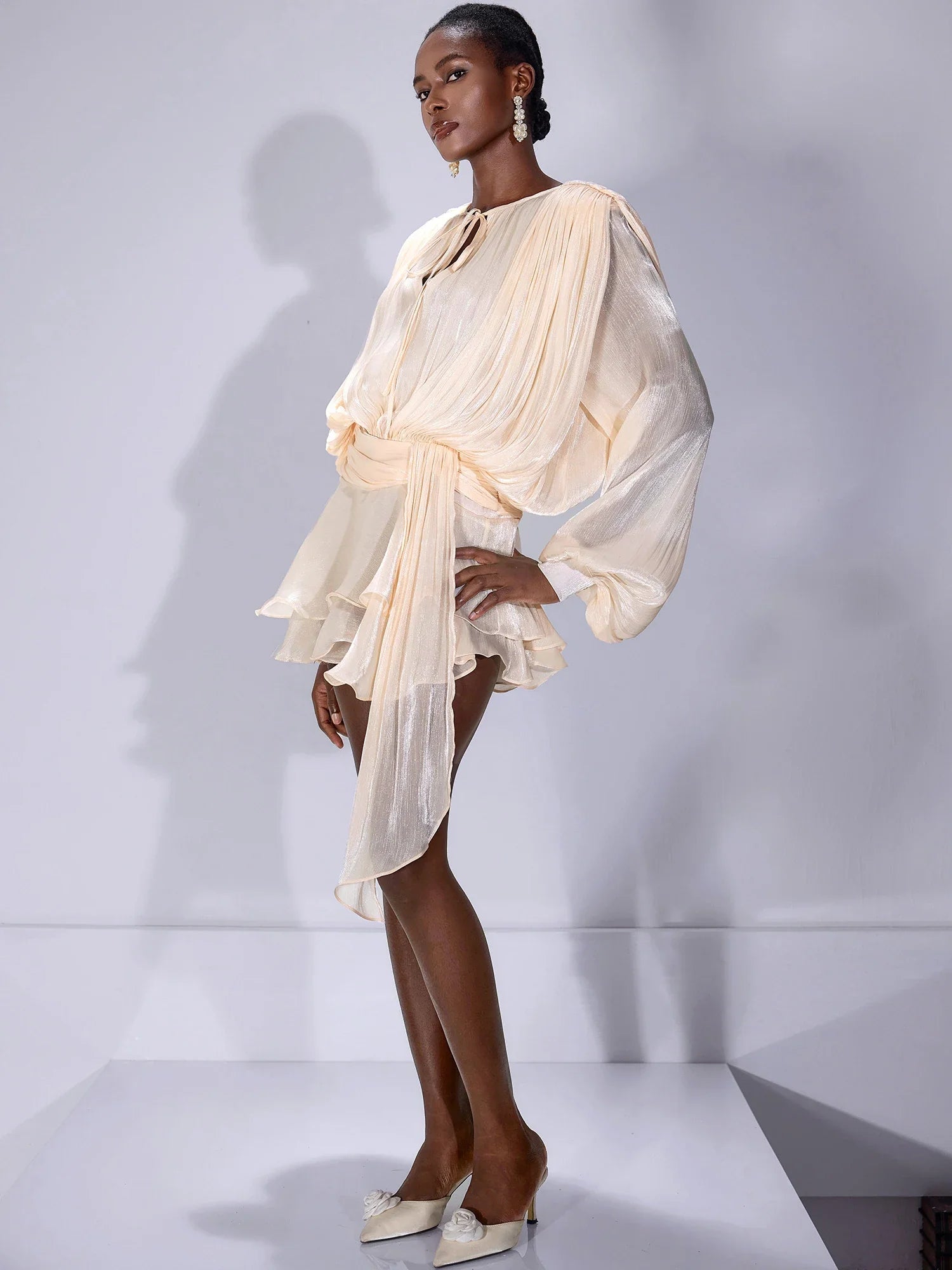 Aurohaya Raymonde Ruched Tie-Neck Mini Dress