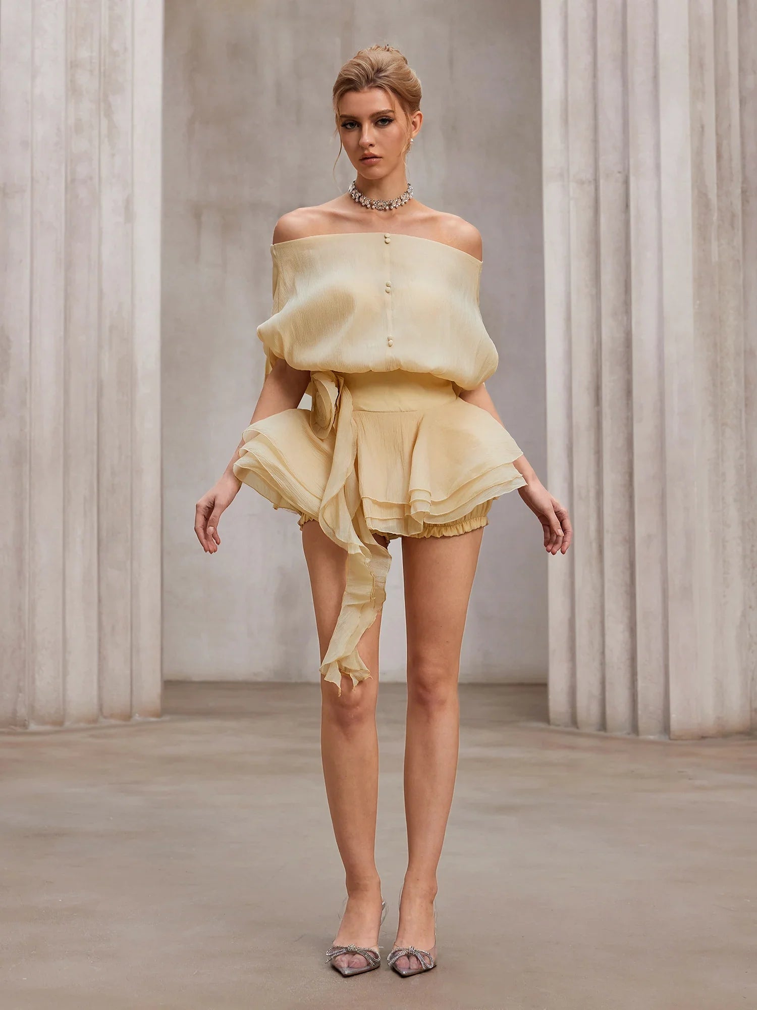 Aurohaya Antoinette Off-Shoulder Ruffled Mini Dress Caramel Dust