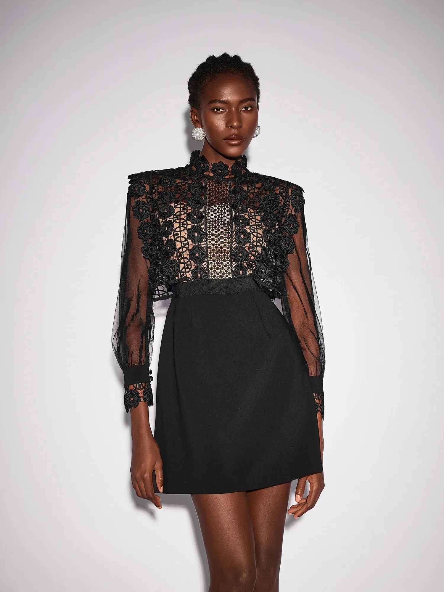 Aurohaya Madeline Lace High Neck Long Sleeve Mini Dress