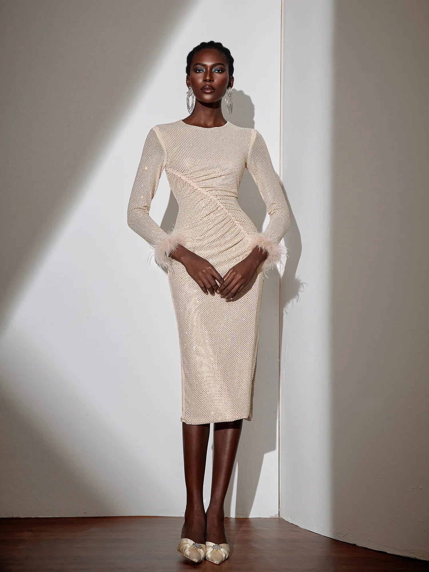 Aurohaya Monique Ruched Bodycon Midi Dress Powdered Almond