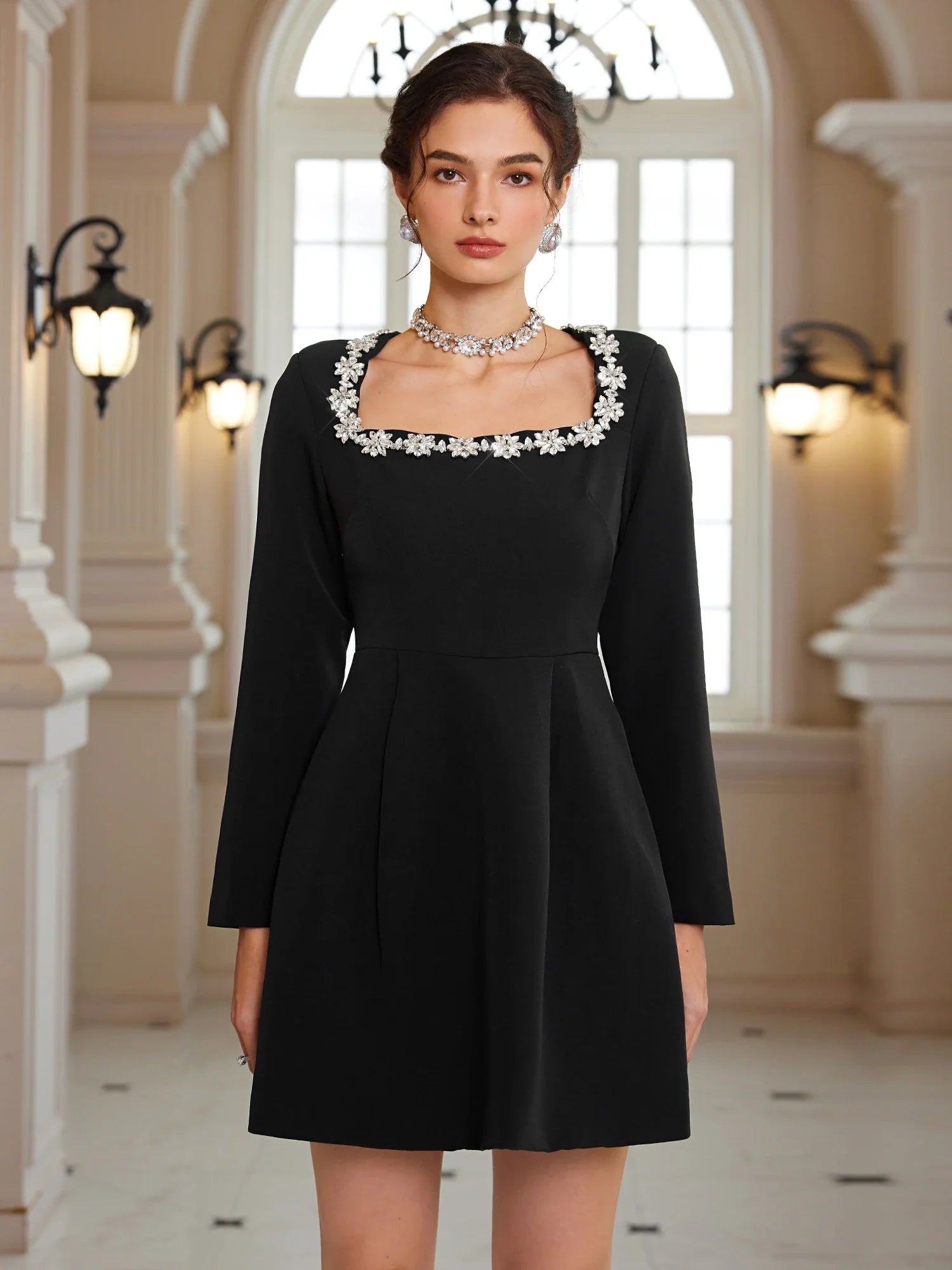 Aurohaya Micheline Square Neck Long Sleeve A-Line Mini Dress