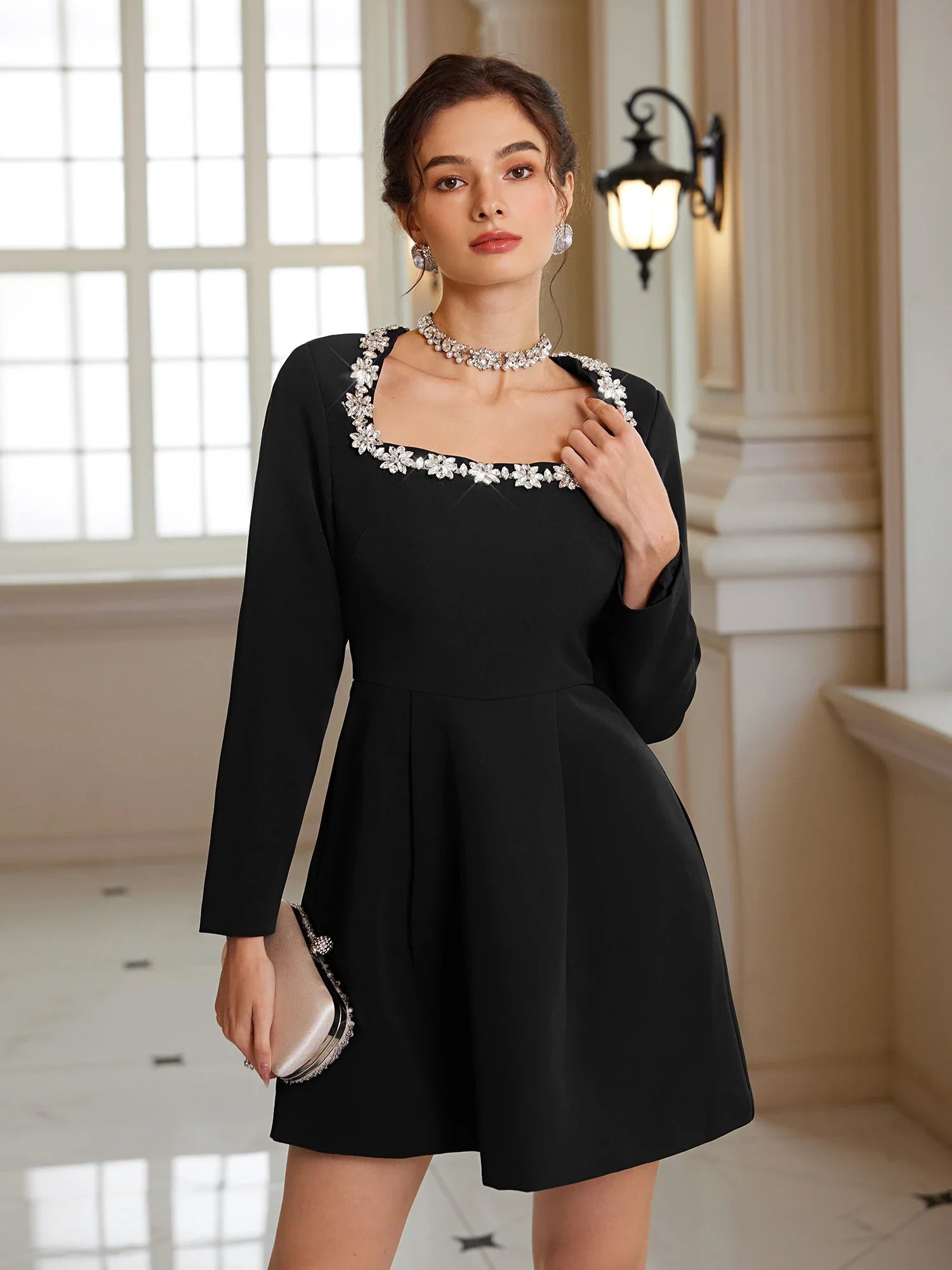 Aurohaya Micheline Square Neck Long Sleeve A-Line Mini Dress