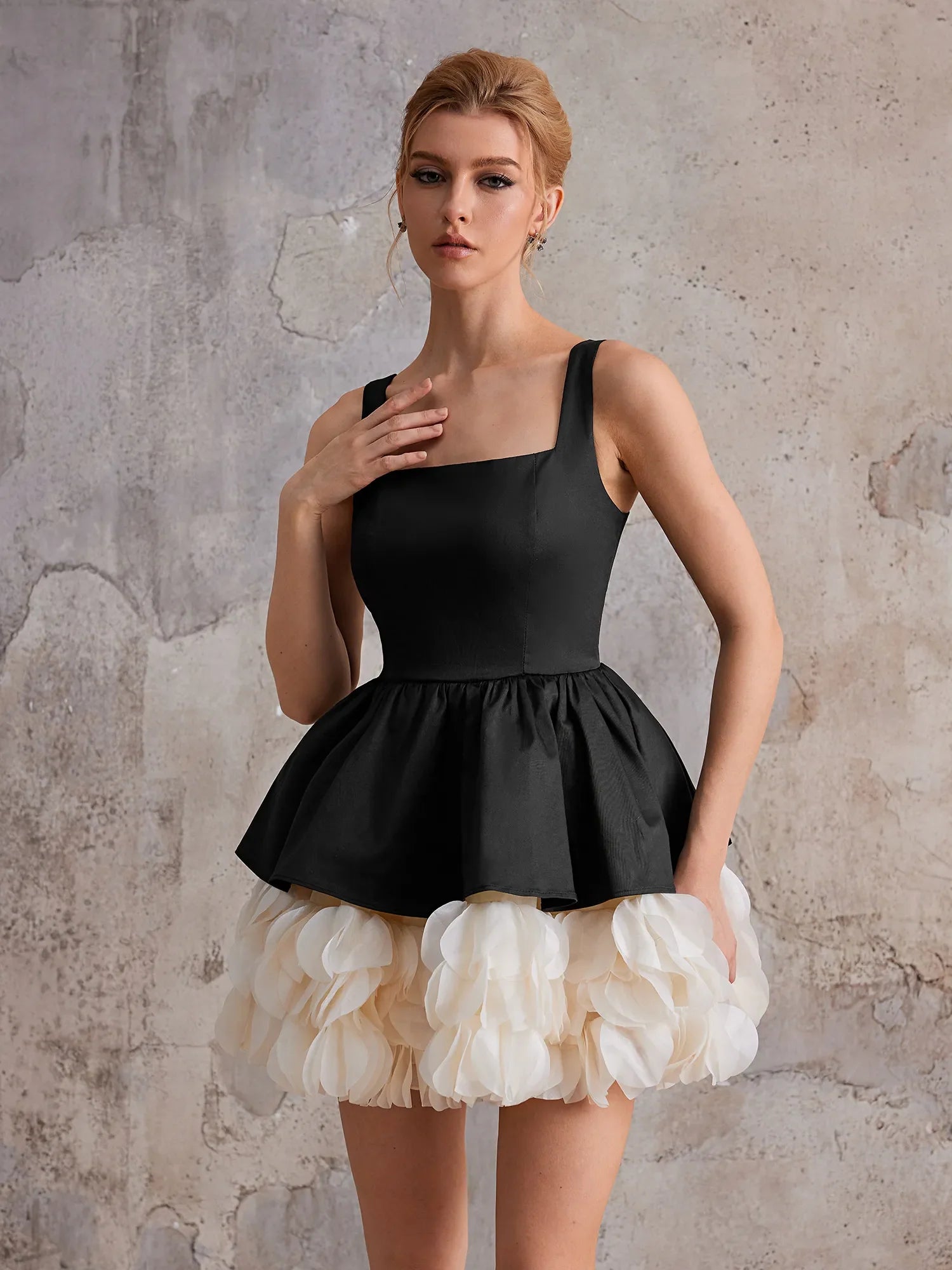 Aurohaya Solange Structured Peplum Mini Dress black and white