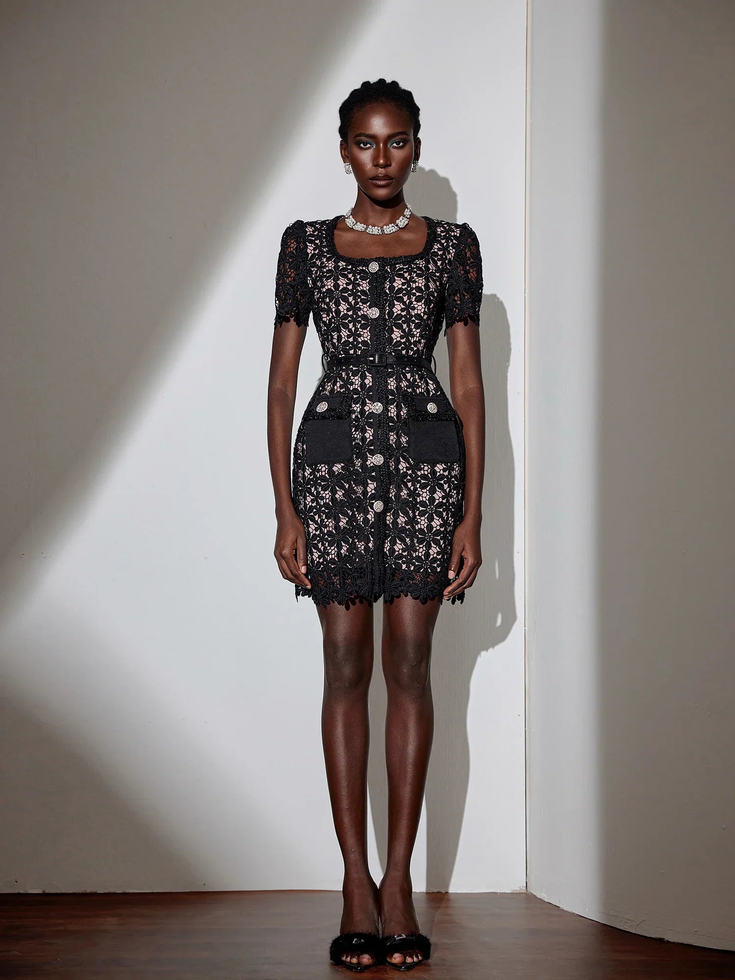 Aurohaya Evelyne Lace Button Front Mini Dress Black