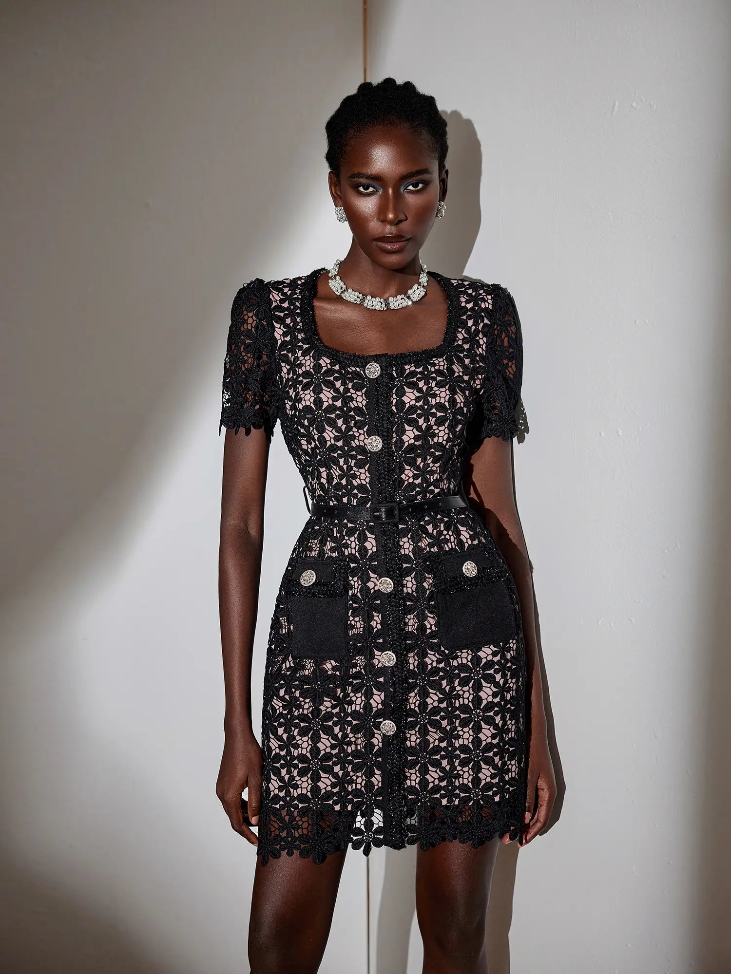 Aurohaya Evelyne Lace Button Front Mini Dress