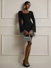 Aurohaya Fernande Square Neck Lace Cuff Bodycon Mini Dress Black