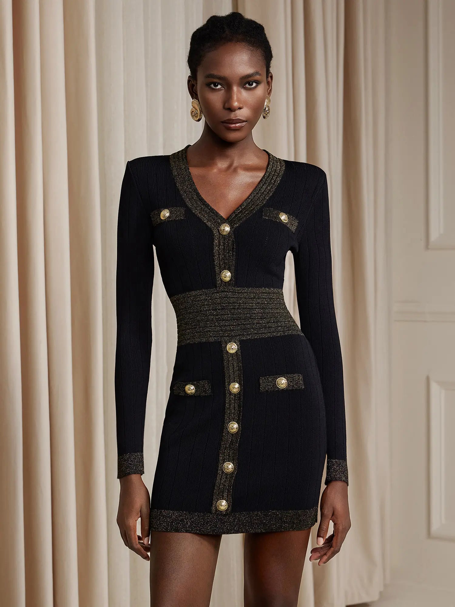 Aurohaya Germaine V-Neck Button Front Structured Mini Dress