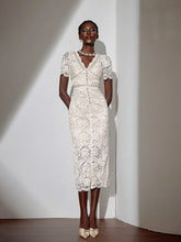 Aurohaya Marine Lace V Neck Fitted Midi Dress White