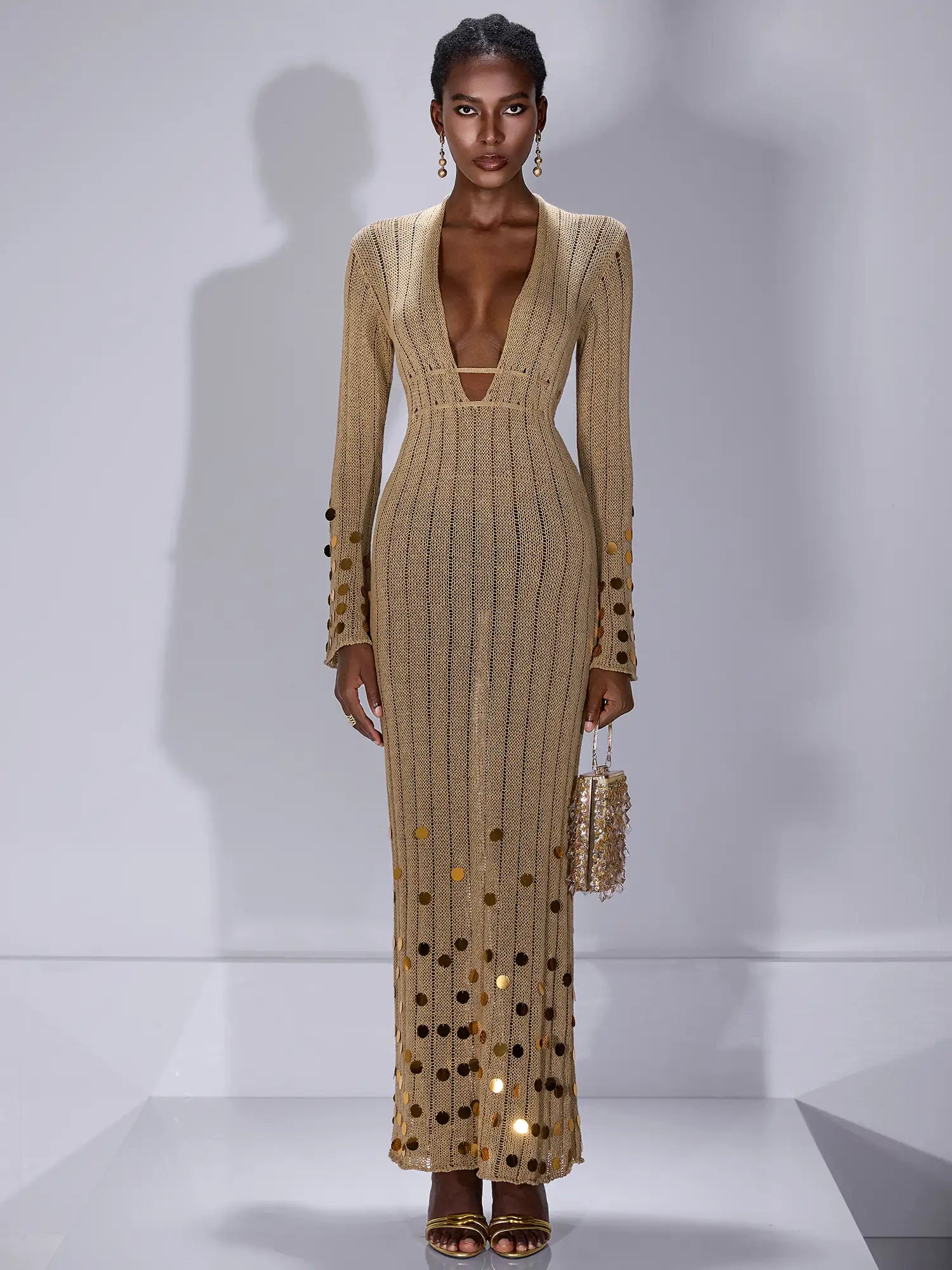 Aurohaya Sandrine V Neck Knit Midi Dress