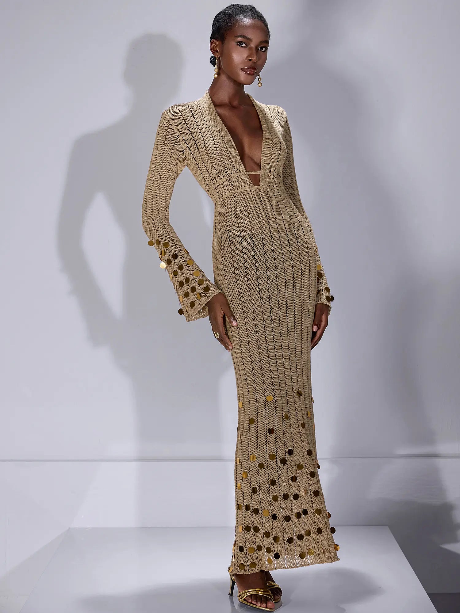 Aurohaya Sandrine V Neck Knit Midi Dress