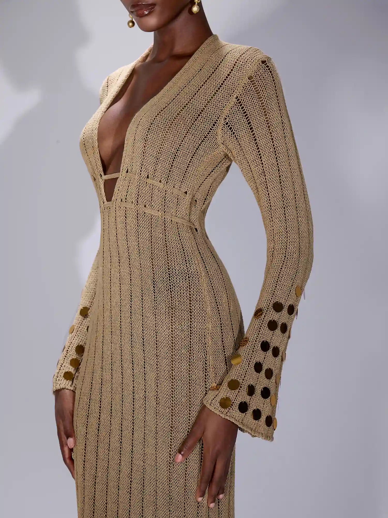 Aurohaya Sandrine V Neck Knit Midi Dress