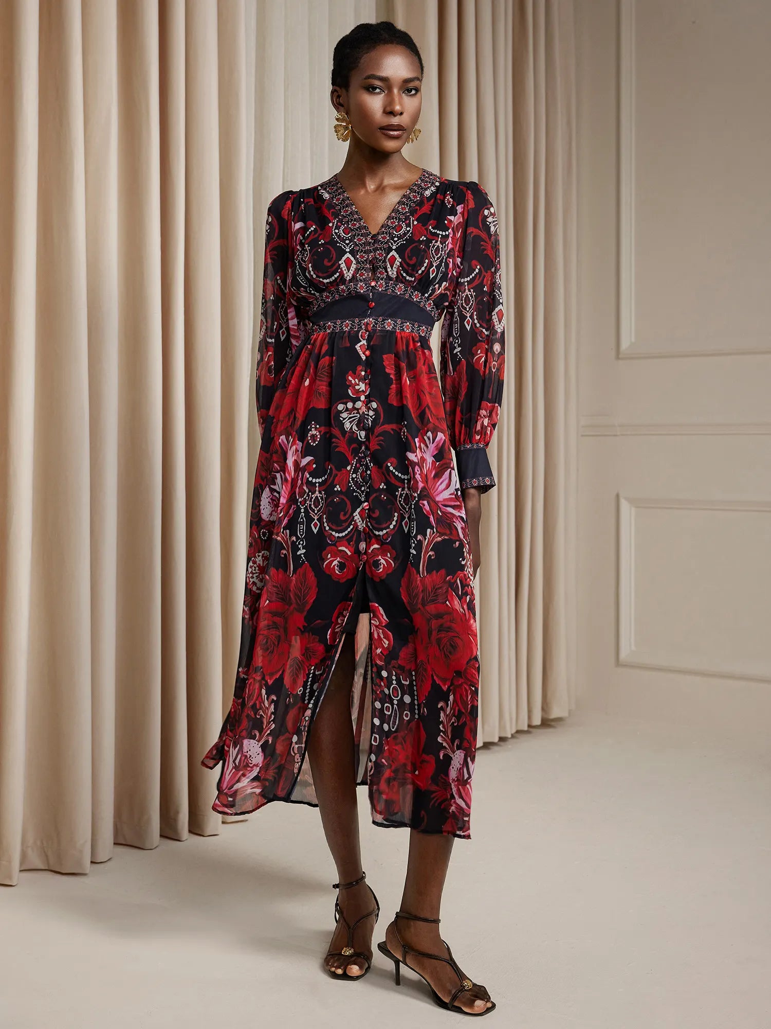 Aurohaya Celine Vintage Floral Print V Neck Midi Dress