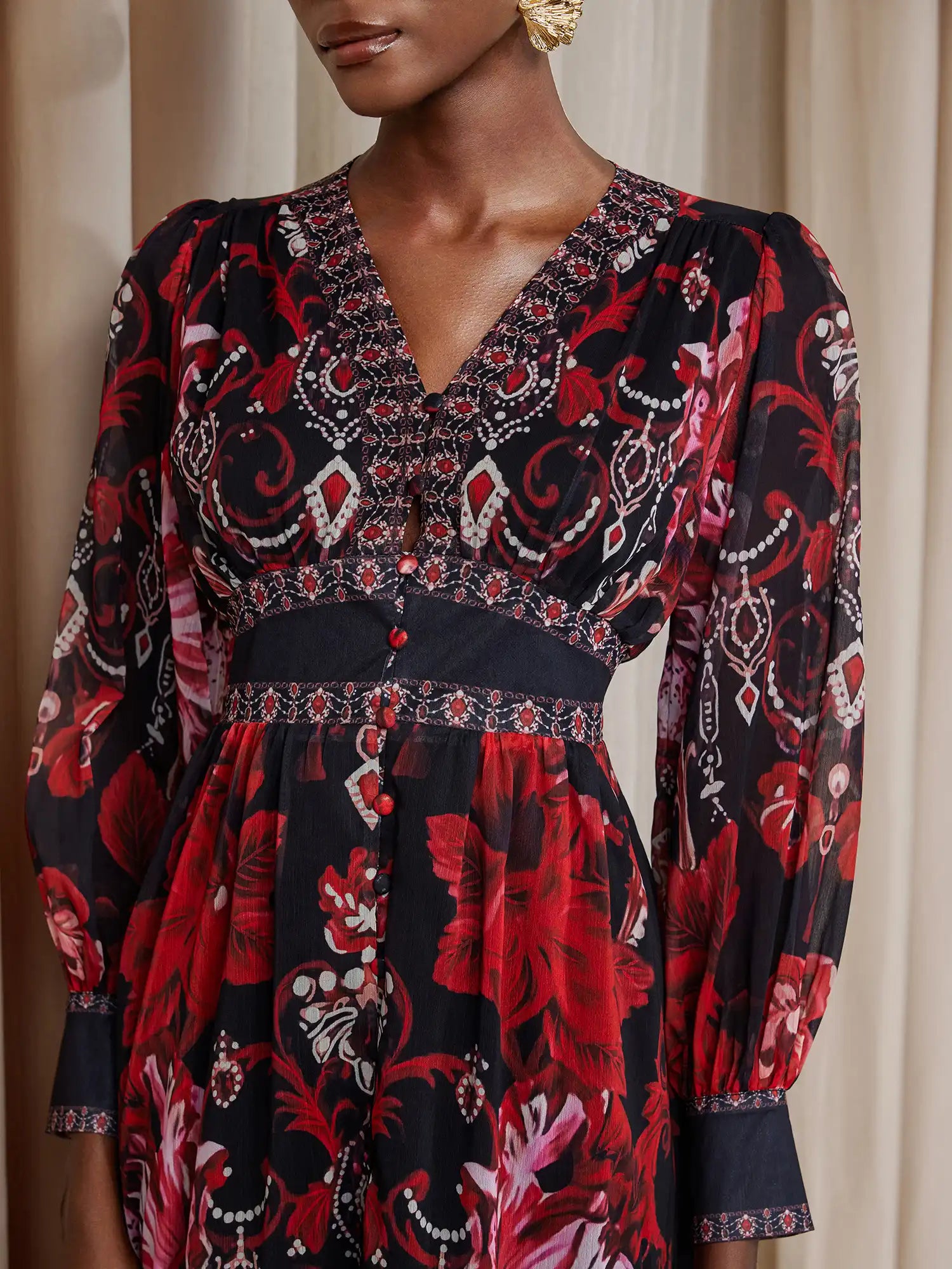 Aurohaya Celine Vintage Floral Print V Neck Midi Dress