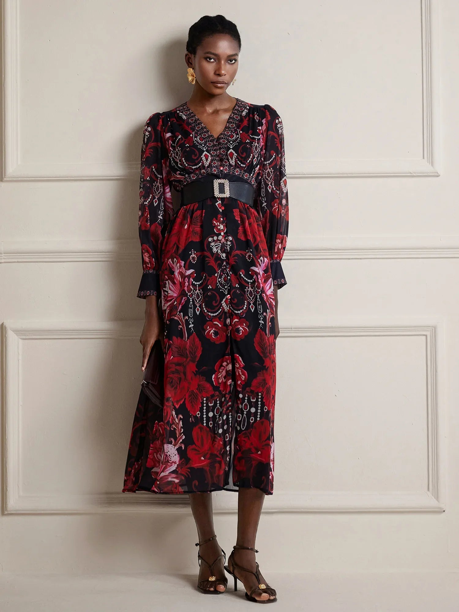 Aurohaya Celine Vintage Floral Print V Neck Midi Dress Burgundy Wine