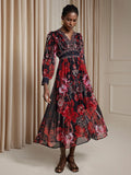 Aurohaya Celine Vintage Floral Print V Neck Midi Dress