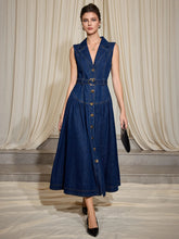 Aurohaya Aurelie Sleeveless Button Front Belted Midi Dress Midnight Indigo