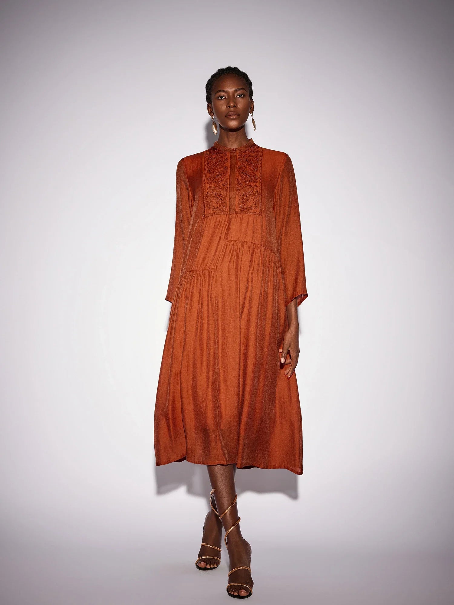 Aurohaya Camille High Neck Pleated Midi Dress Burnt Orange