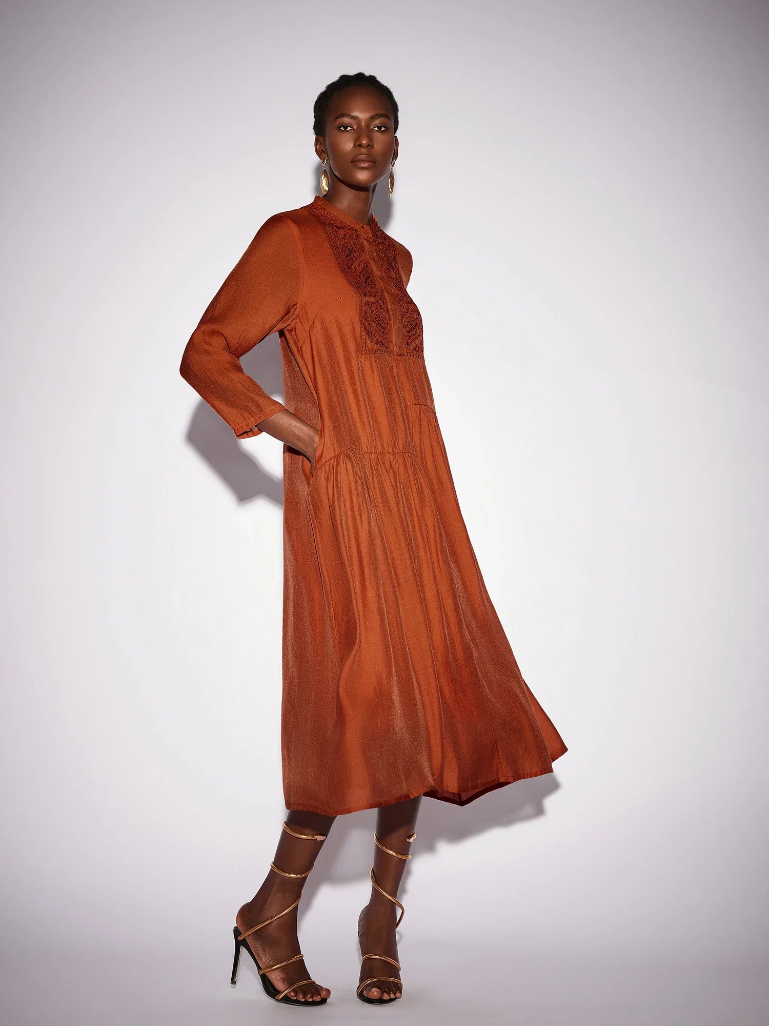 Aurohaya Camille High Neck Pleated Midi Dress