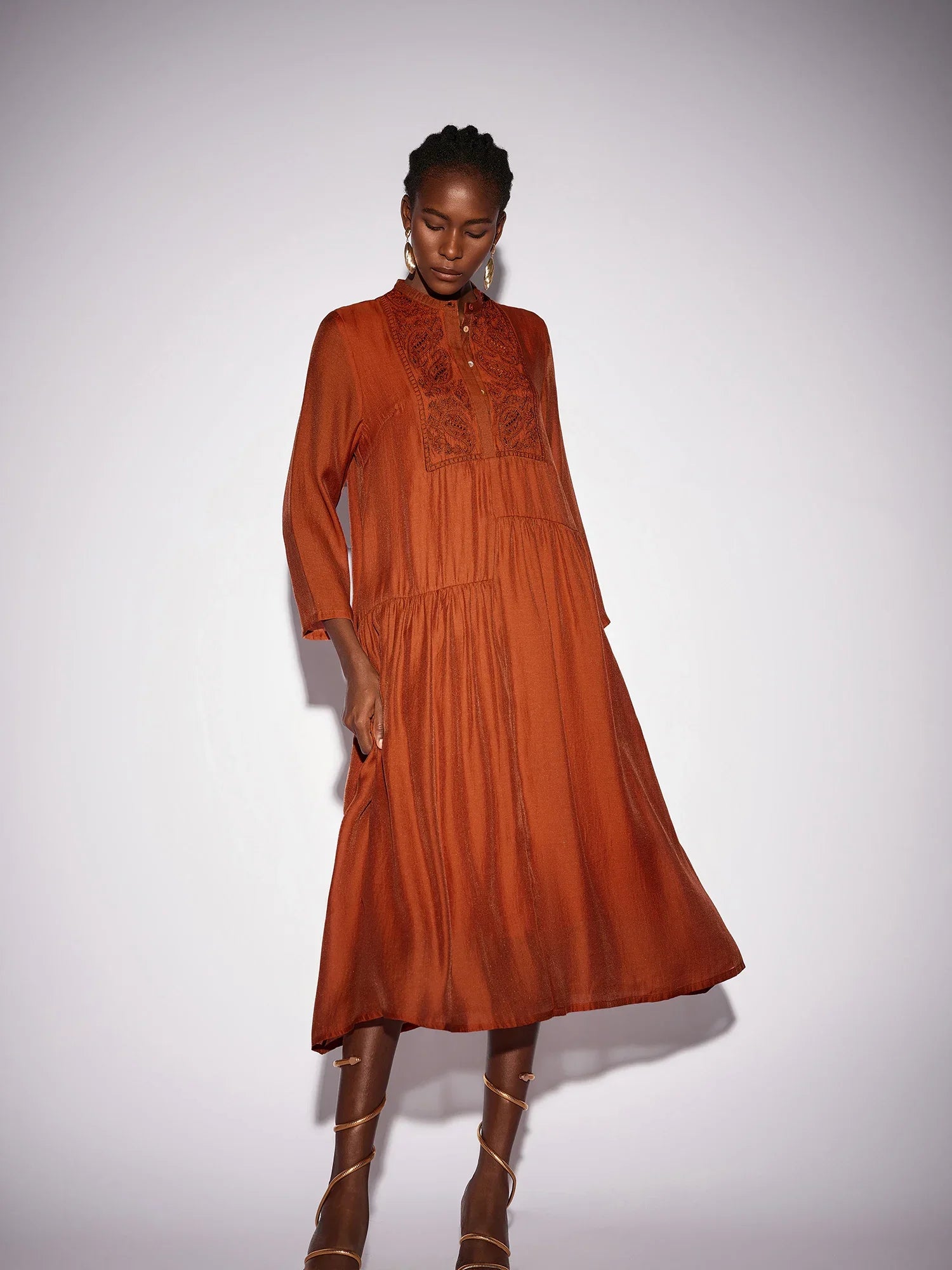 Aurohaya Camille High Neck Pleated Midi Dress