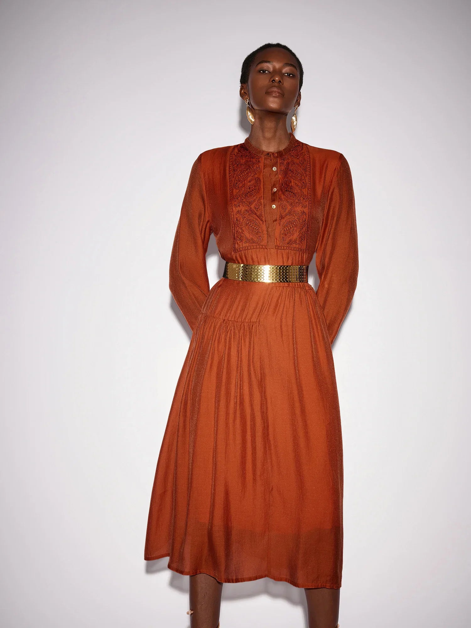 Aurohaya Camille High Neck Pleated Midi Dress