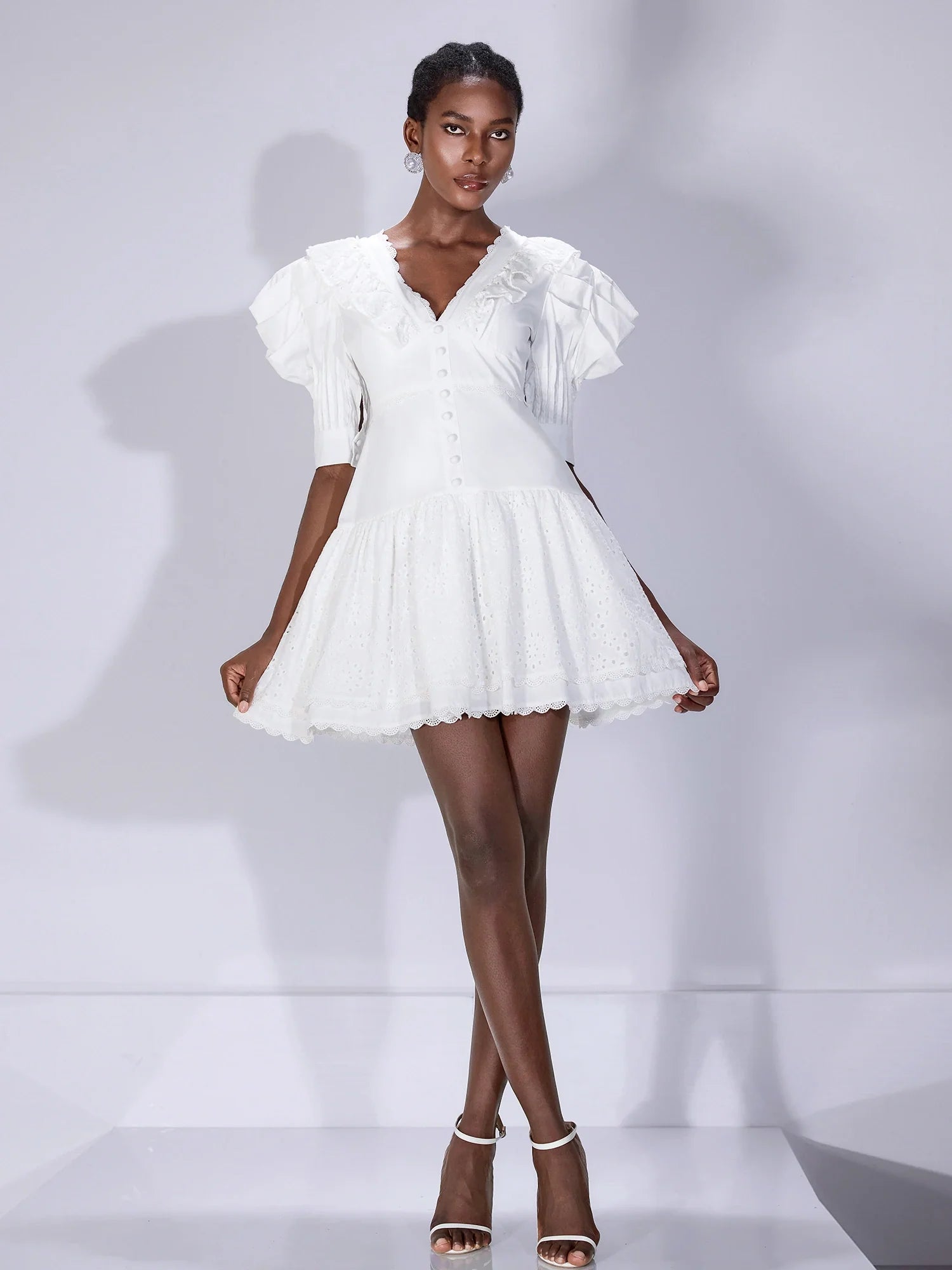 Aurohaya Ginette Ruffle Sleeve V-Neck Fit Mini Dress White