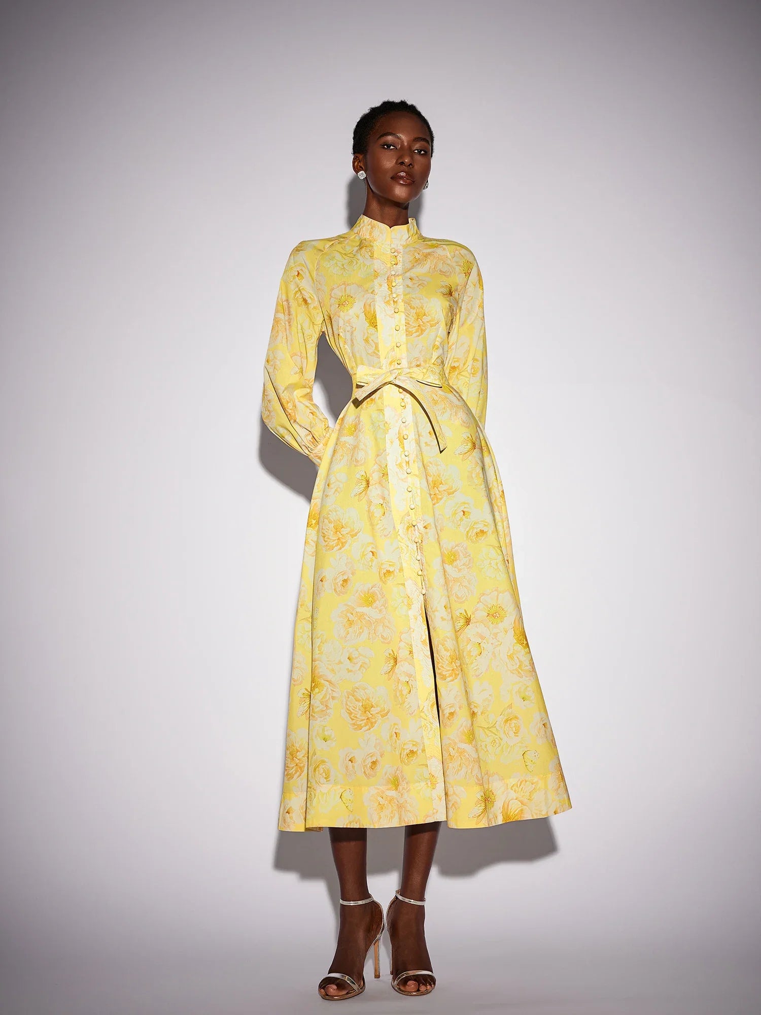 Aurohaya Nicole Floral Print Tie Waist Midi Dress Golden_Maize XL