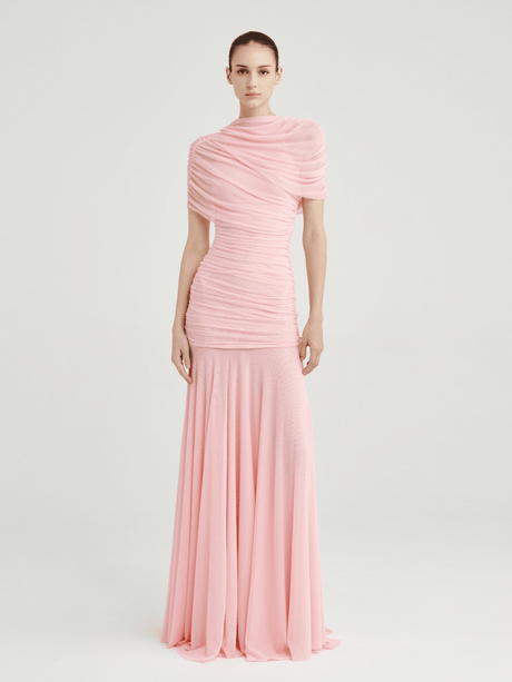 Aurohaya Mado One Shoulder Ruched Maxi Dress Pink