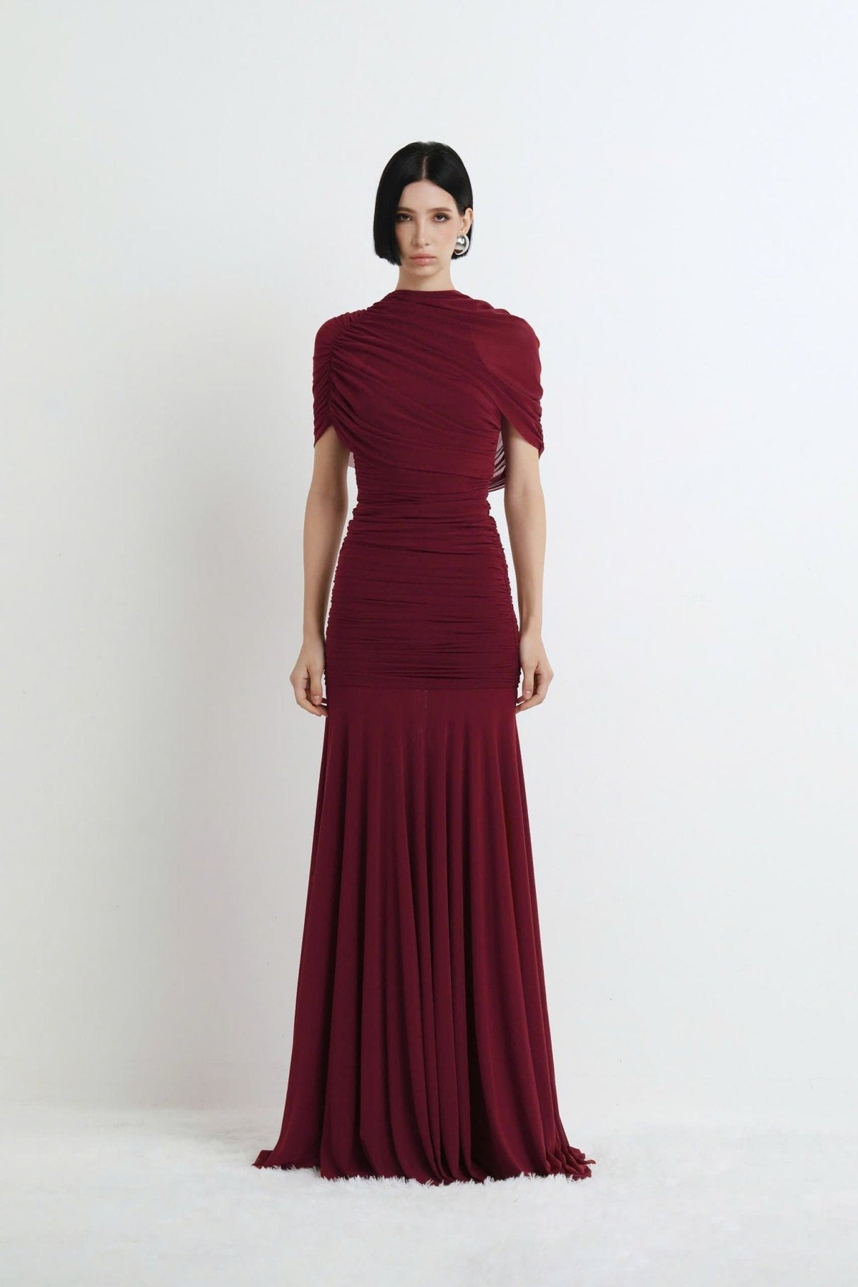 Aurohaya Mado One Shoulder Ruched Maxi Dress Red
