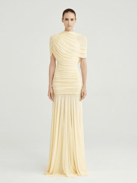 Aurohaya Mado One Shoulder Ruched Maxi Dress Yellow