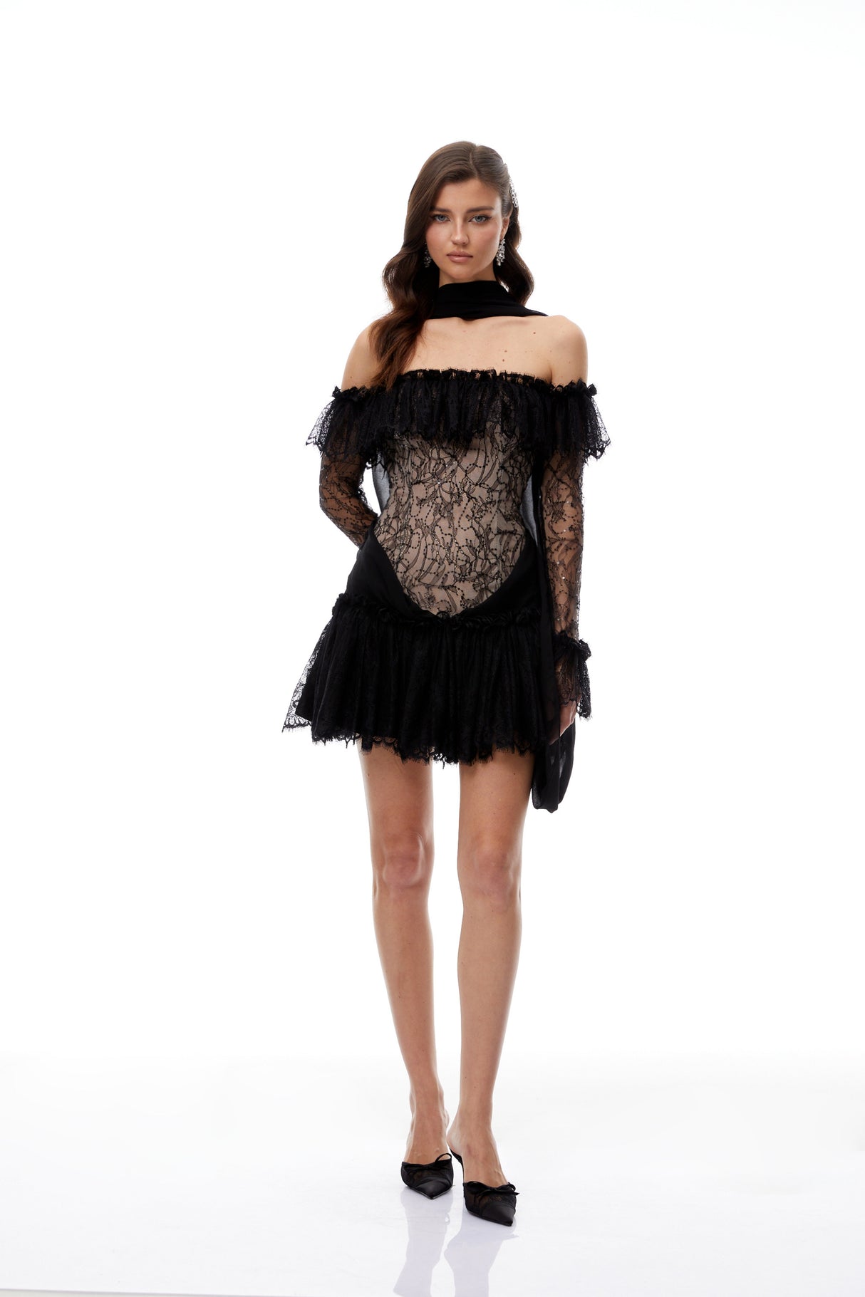 Aurohaya Erling Black Sequined Floral Lace Mini Dress