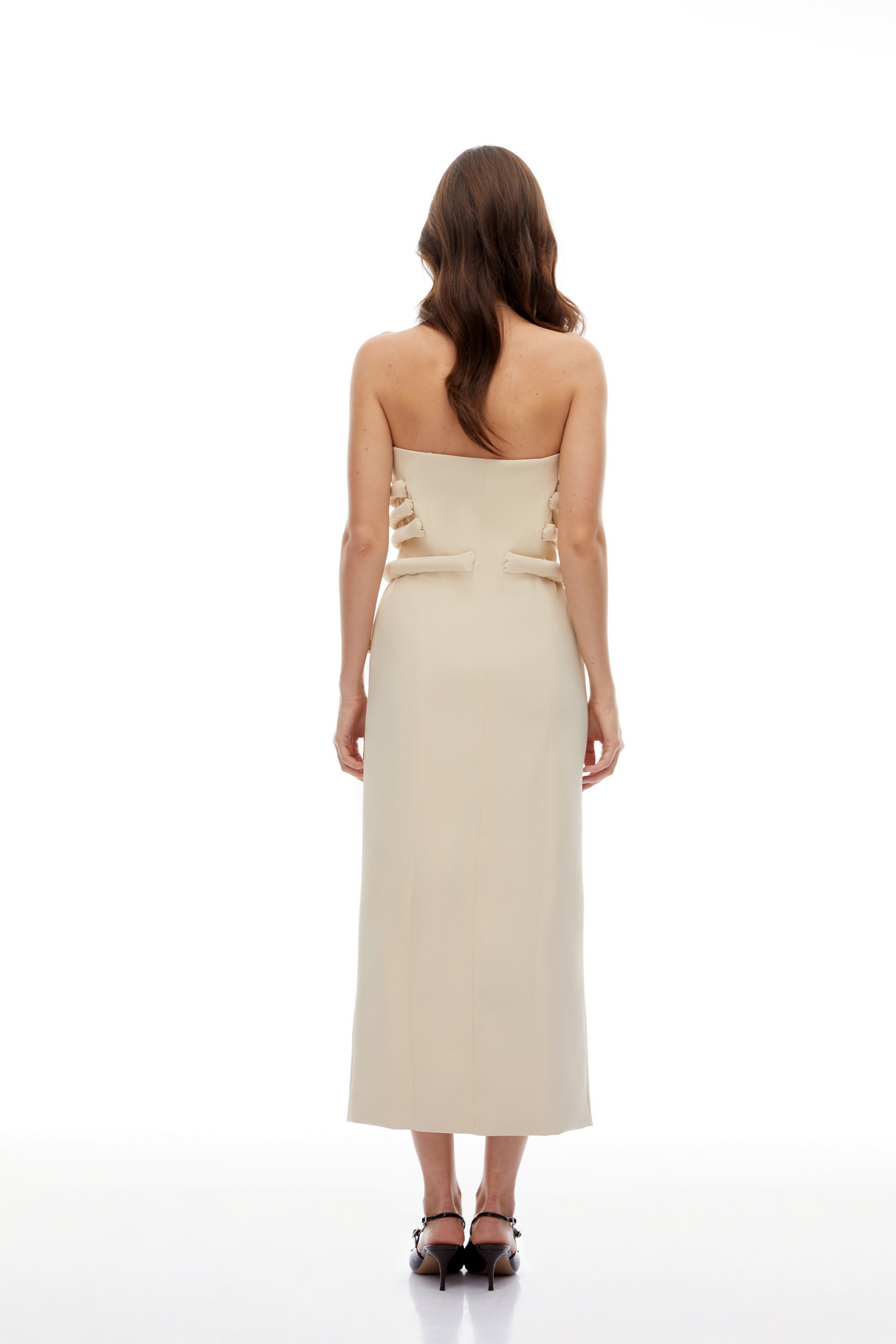 Aurohaya Thera Neutral Strapless Decorative Button Midi Dress