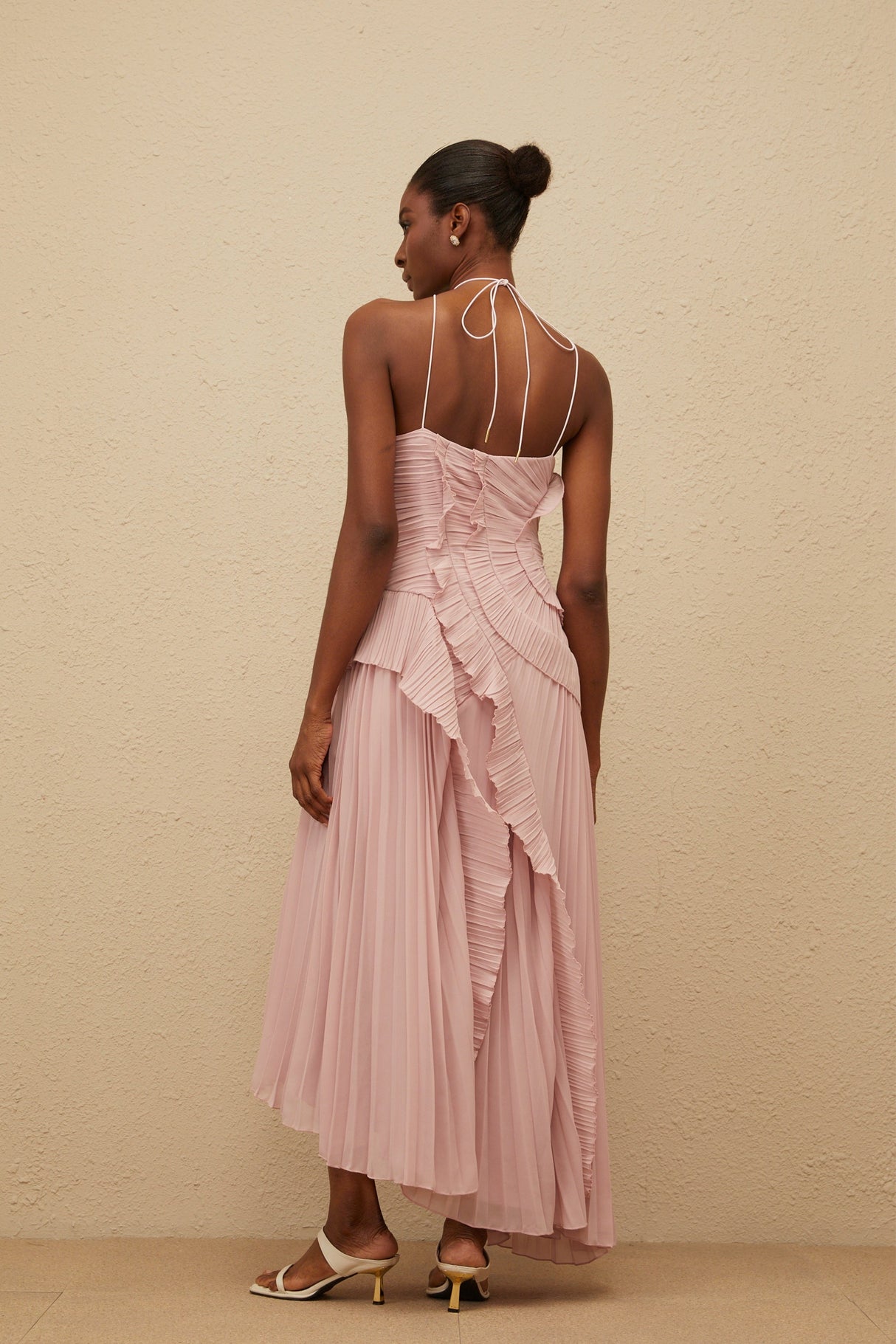 Aurohaya Doux Pink Ruffled Trim Pleated Midi Dress