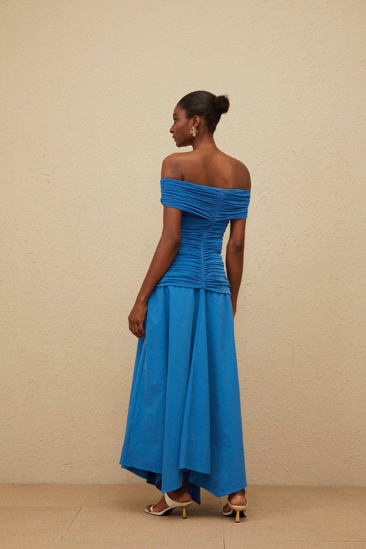 Aurohaya Amélie Blue Off-Shoulder Ruched Maxi Dress