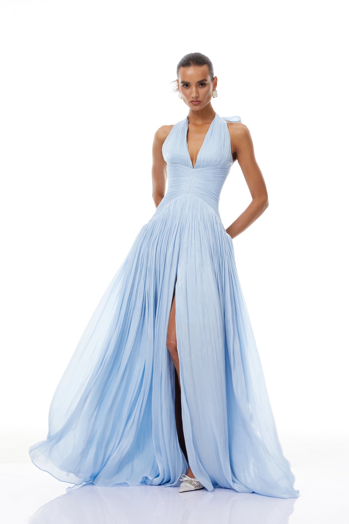 Aurohaya Térébenthine Blue Glossy Gathered Maxi Dress
