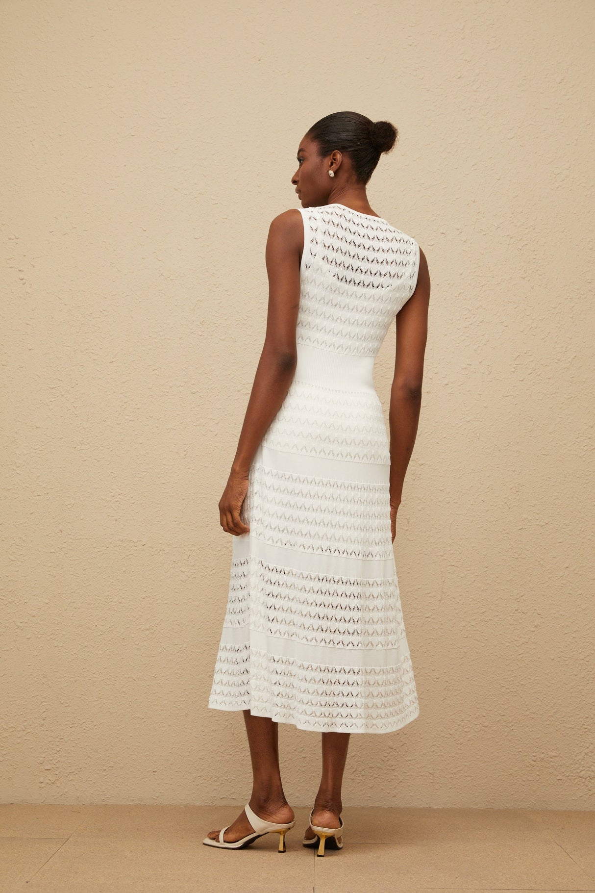 Aurohaya Clothilde White Shirred Crochet Knit Midi Dress