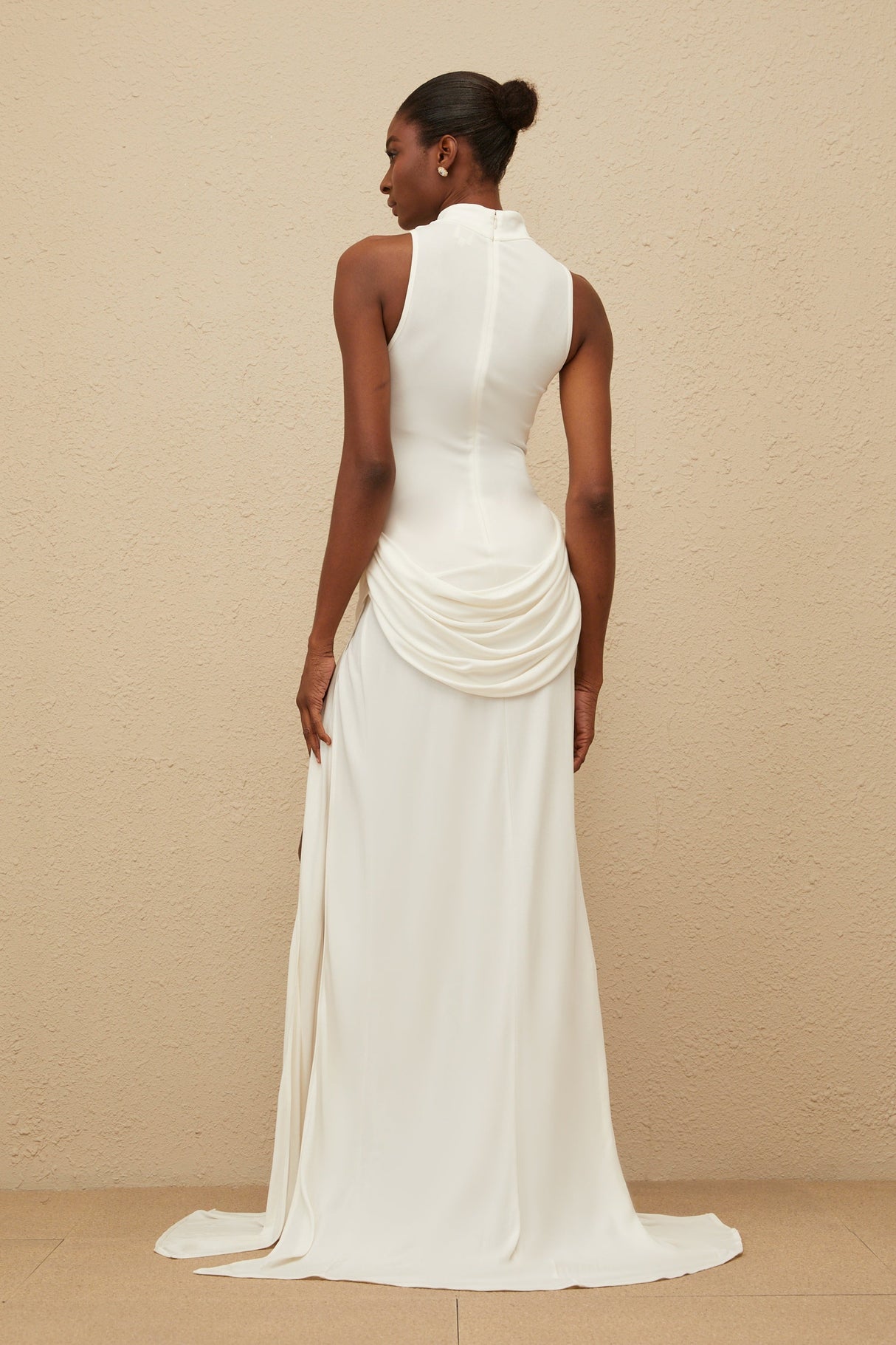 Aurohaya Mystérieuse White Turtleneck Draped Maxi Dress