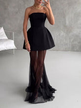 Aurohaya Elegant Sweetheart Sheer Ruffle Maxi Dress Black