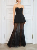 Elegant Sweetheart Sheer Ruffle Maxi Dress