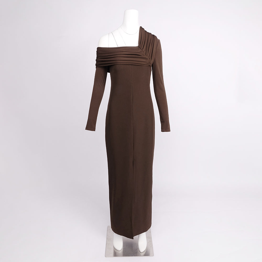 Aurohaya Isabella Asymmetrical One Shoulder Ruched Maxi Dress Dark Brown
