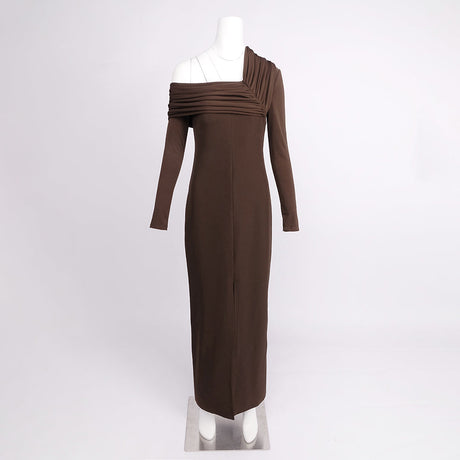 Aurohaya Isabella Asymmetrical One Shoulder Ruched Maxi Dress Dark Brown