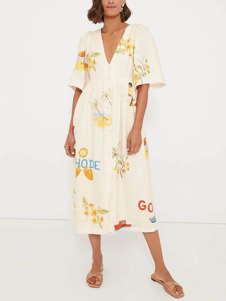 Aurohaya Unique Holiday Folk Floral Print Puff Sleeve Midi Dress