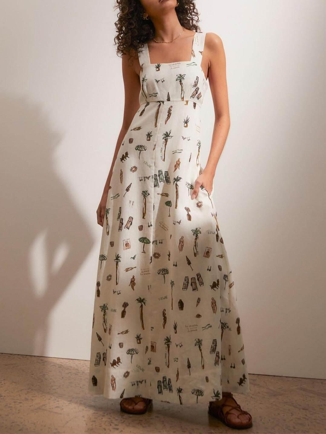 Aurohaya Fashionable Personalized Graffiti Suspender Sexy Backless Maxi Dress