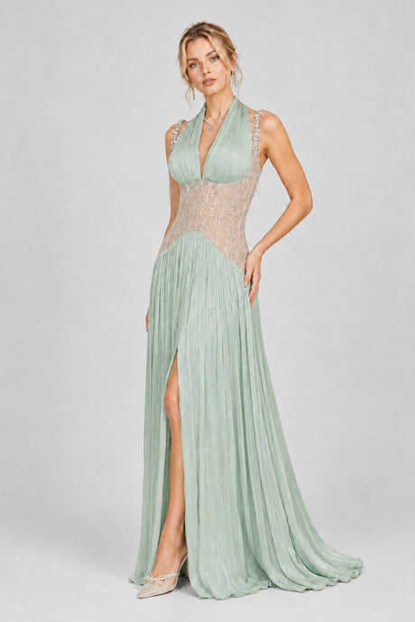 Aquarelle Rhinestone Panel Maxi Dress / Green